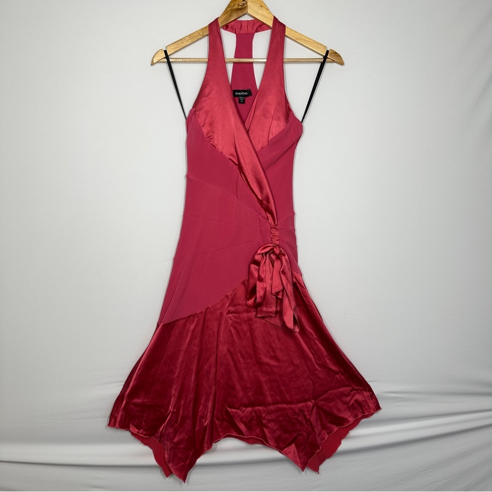 Vintage 90s Y2K BeBe Dress XS Pink Satin Babydoll Asymmetric Fairy Whimsigoth